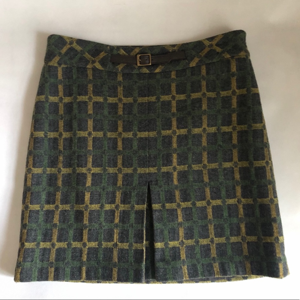LOFT Green and Mustard Plaid Wool Pencil Skirt